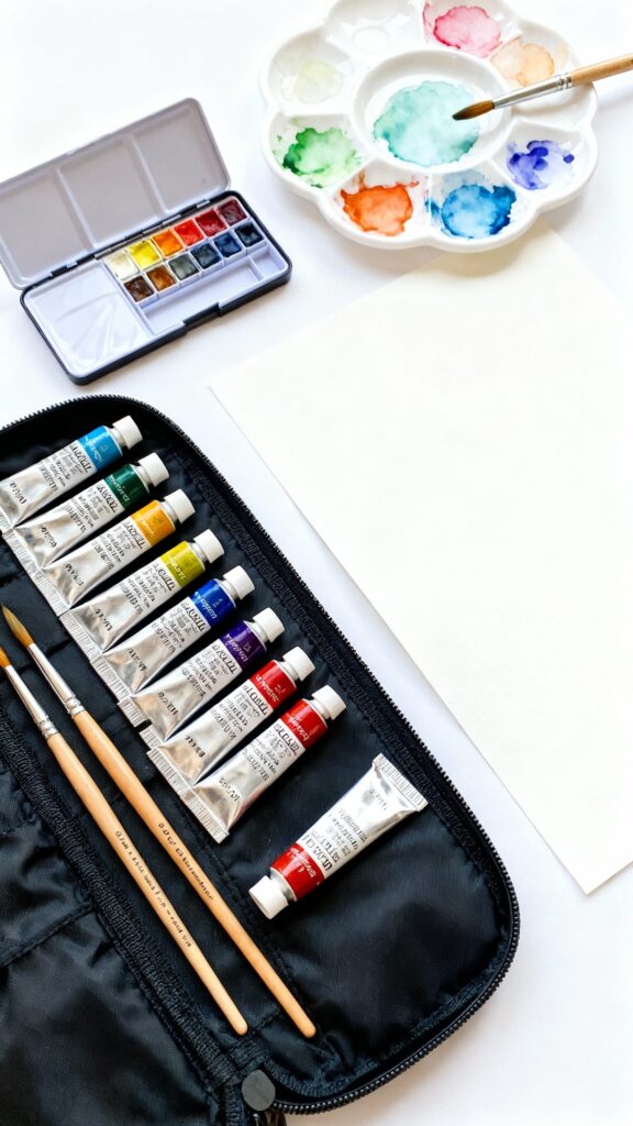 Compact watercolor painting supplies showing portability of the medium including paints, brushes, and paper