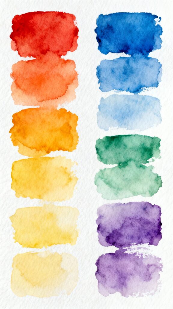 Watercolor color temperature chart demonstrating warm versus cool colors with organized paint swatches
