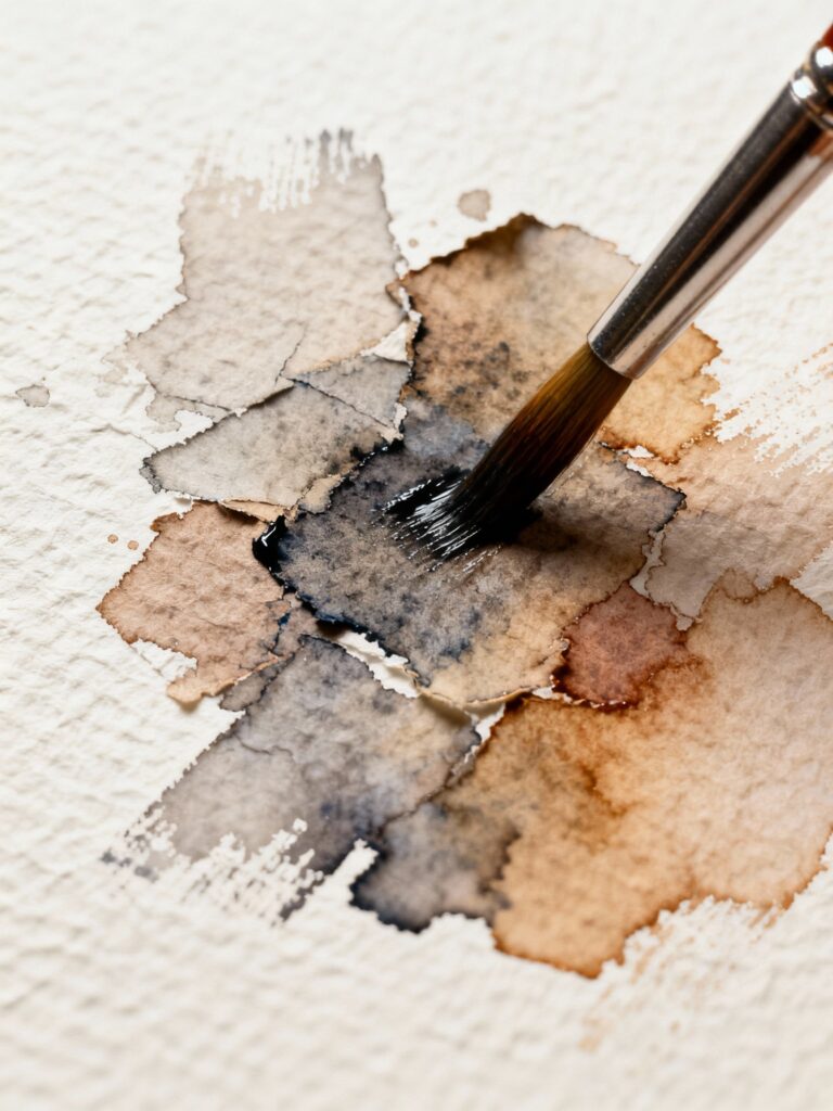 Close-up of watercolor dry brush technique showing textured broken color effect on cold press paper