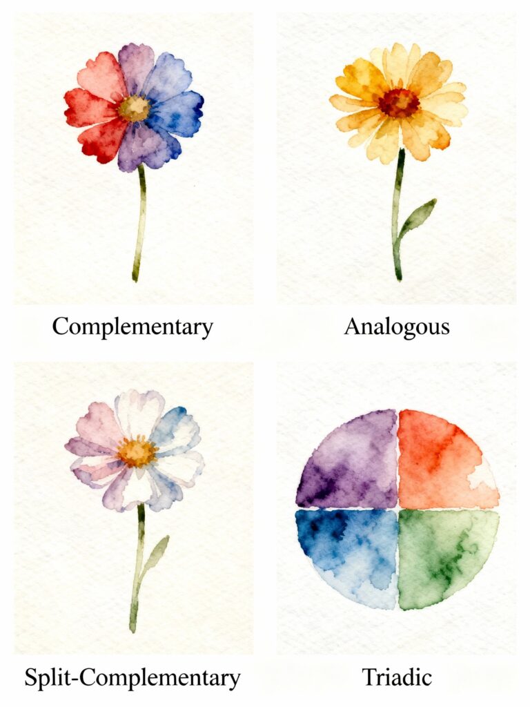 Watercolor color harmony demonstration showing different color scheme approaches with example paintings