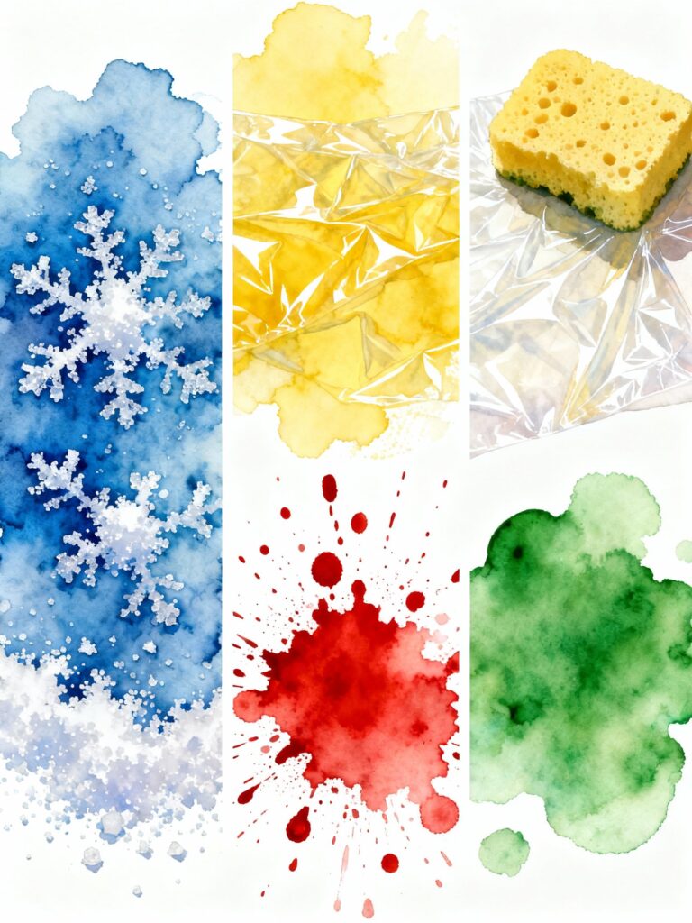 Watercolor texturing techniques comparison showing salt, plastic wrap, splatter, and sponge lifting effects