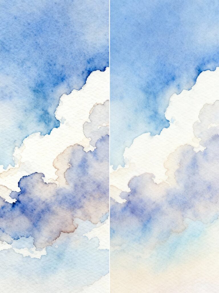 Before and after showing correction of unwanted hard edges in watercolor painting with proper blending technique