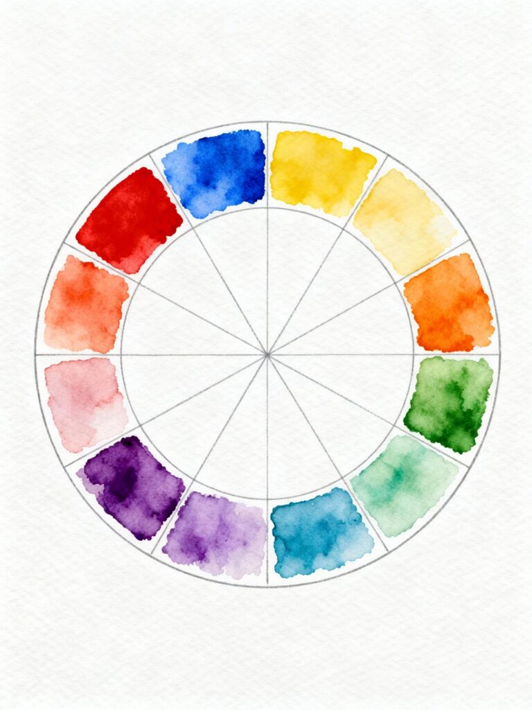 Complete watercolor color wheel showing primary, secondary, and tertiary colors with temperature variations