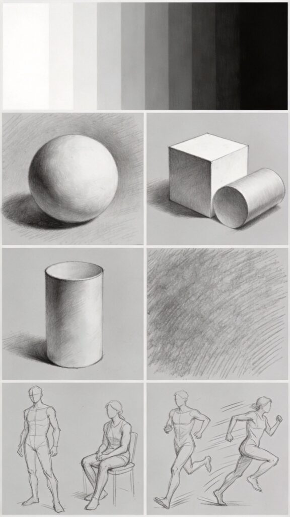 Pencil drawing practice exercises including value scales, form studies, textures, and gestures for skill development