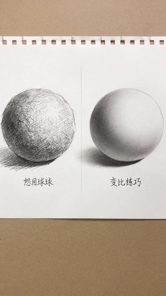Pencil shading demonstration showing value scale from white to black, plus shaded sphere showing highlight, light, mid-tone, core shadow, reflected light, and cast shadow with labels, educational diagram, white drawing paper, clean presentation, 4k quality