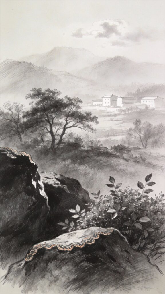 Pencil drawing showing atmospheric perspective technique with foreground, middle ground, and background demonstrating depth through value