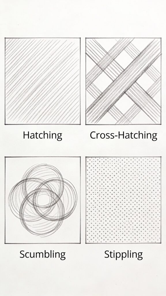 Pencil drawing mark-making techniques including hatching, cross-hatching, scumbling, and stippling examples