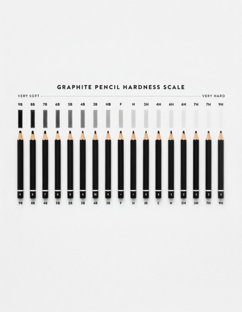 Complete graphite pencil grade chart showing marks from 9H to 9B demonstrating hardness and darkness range