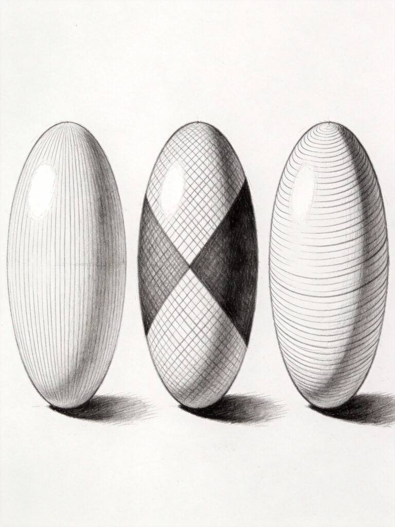 Comparison of hatching, cross-hatching, and contour hatching techniques demonstrated on spheres