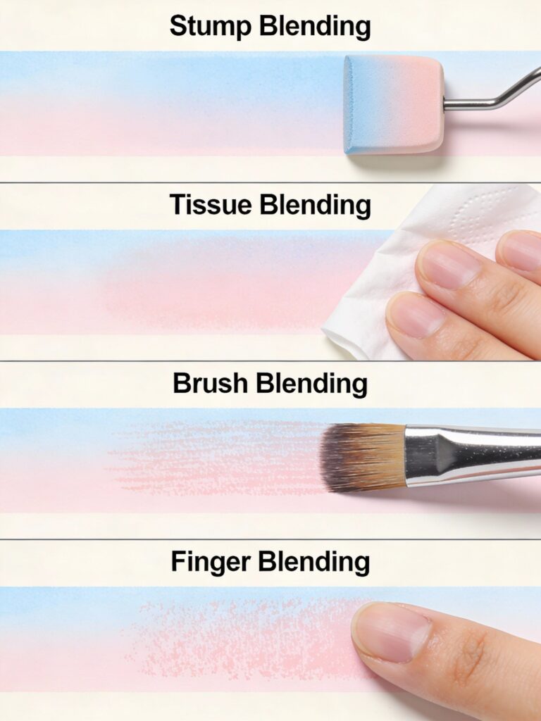 Comparison of different blending techniques showing stump, tissue, brush, and finger blending methods