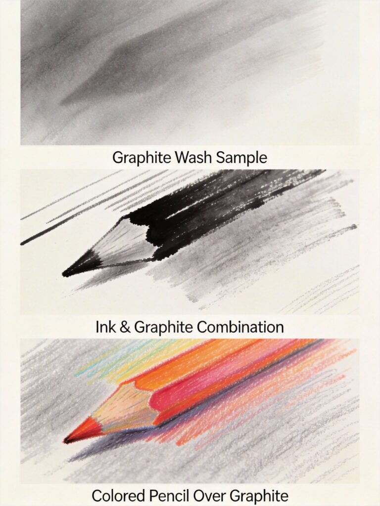 Mixed media drawing techniques showing graphite wash, ink combination, and colored pencil integration