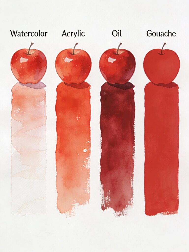 Comparison of watercolor, acrylic, oil, and gouache painting mediums showing same subject painted in each medium