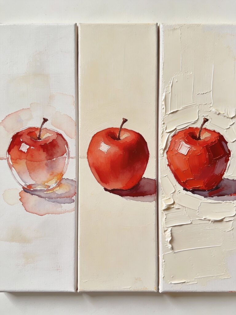 Acrylic paint versatility demonstration showing transparent, medium, and impasto applications on same subject