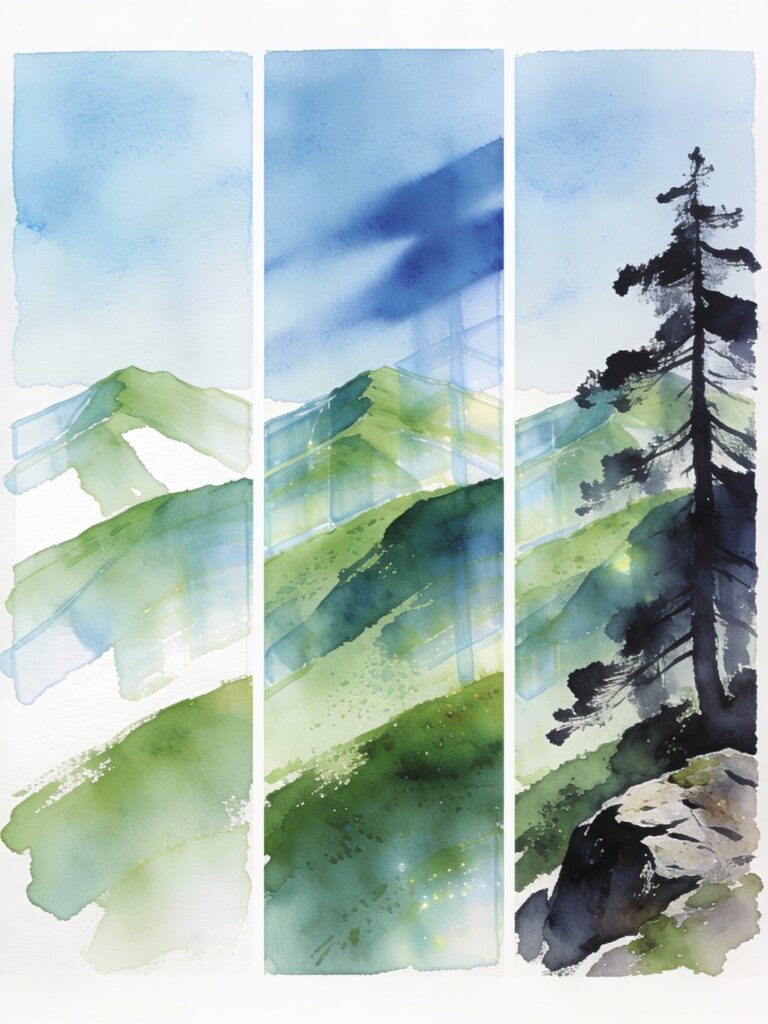 Watercolor painting process showing transparent layering technique from light washes to finished painting
