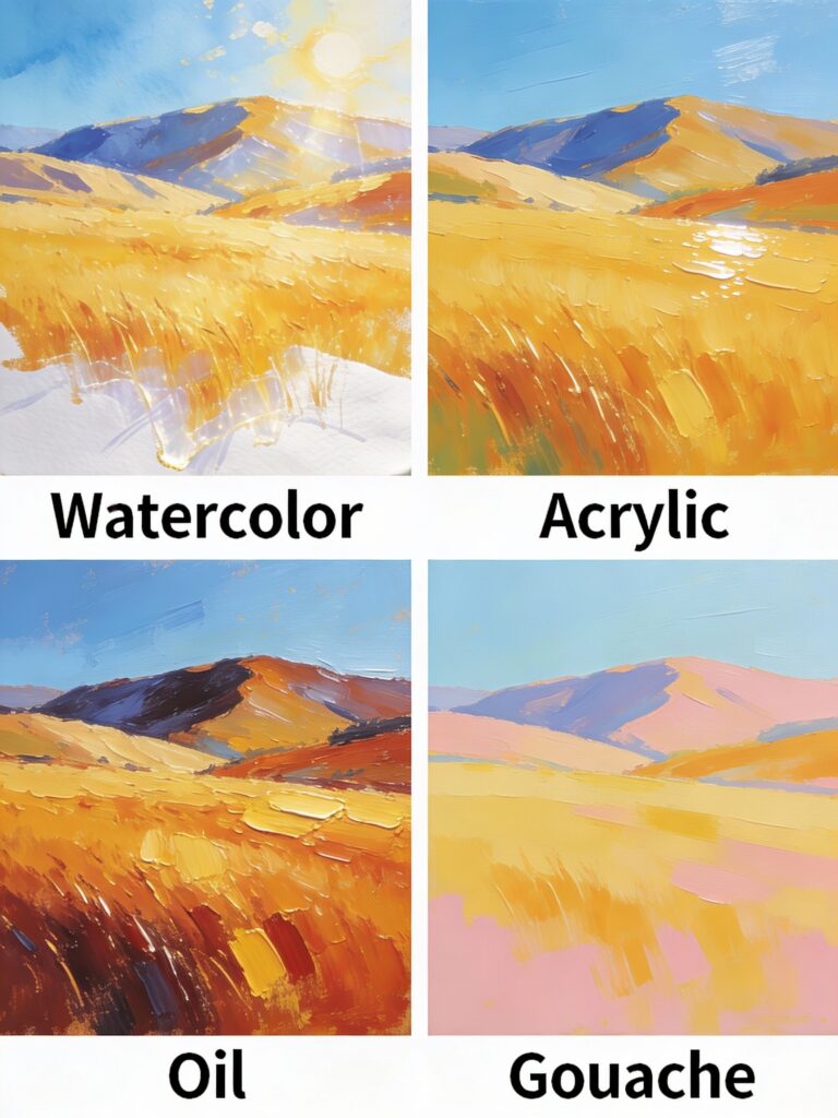 Comparison of same landscape painted in watercolor, acrylic, oil, and gouache showing distinct visual characteristics of each medium