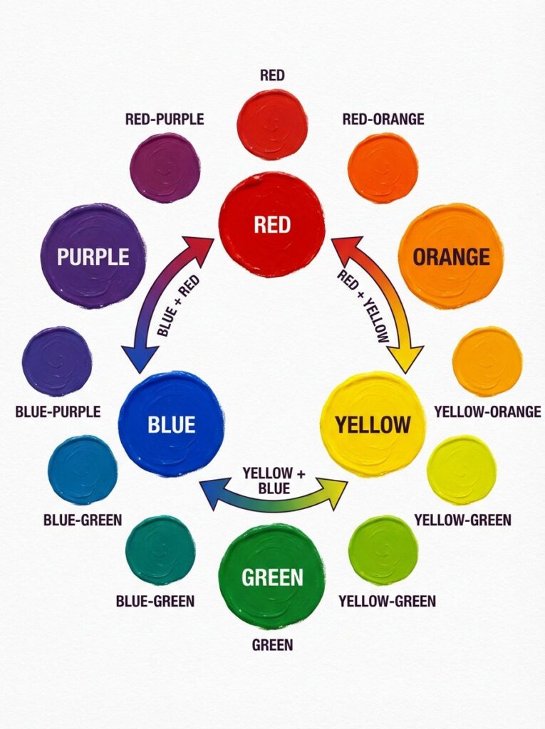  Color wheel diagram showing primary colors mixing to create secondary and tertiary colors with clear labels and arrows