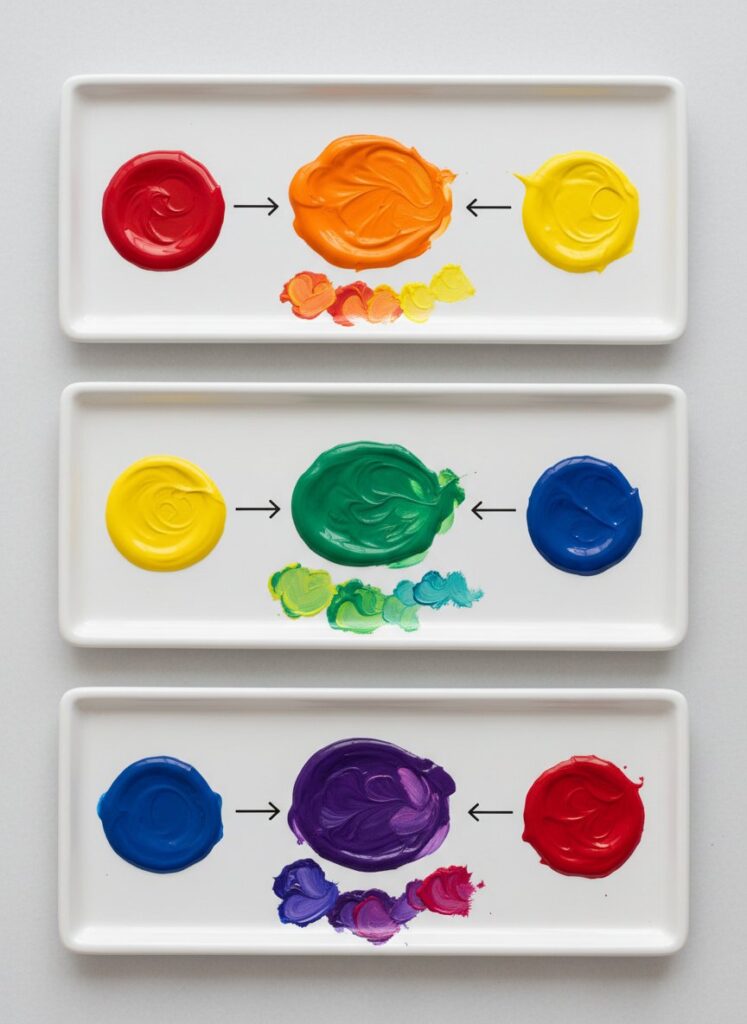  Primary colors mixing to create secondary colors - red and yellow make orange, yellow and blue make green, blue and red make purple