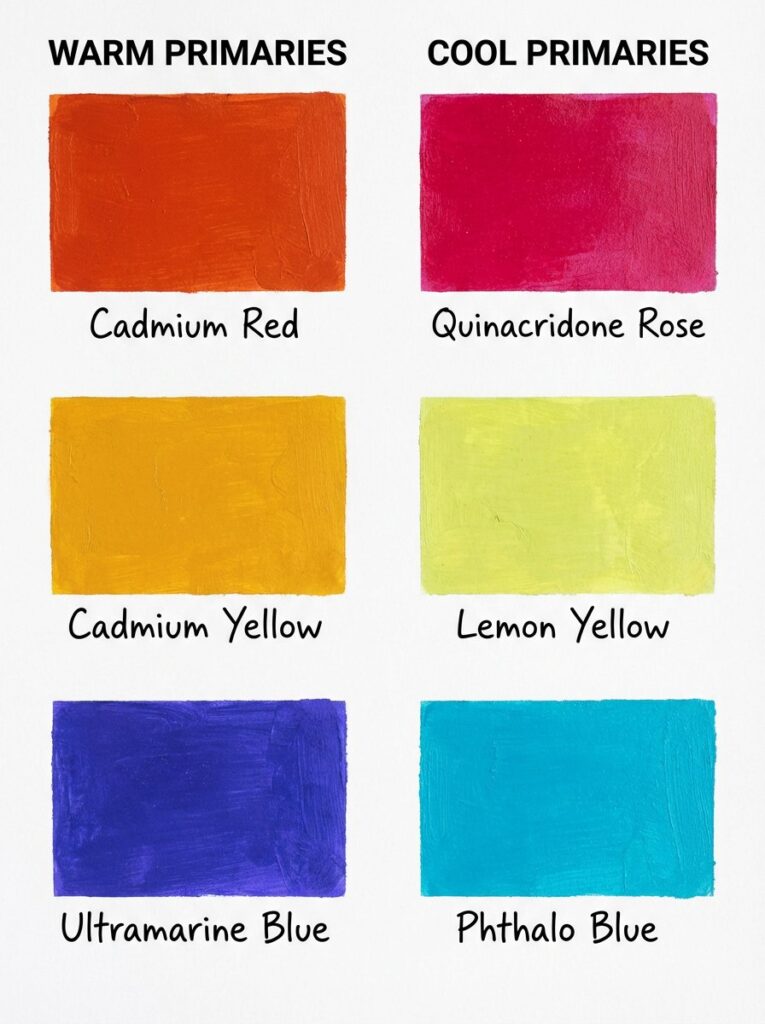 Warm versus cool primary colors comparison showing cadmium red vs quinacridone rose, cadmium yellow vs lemon yellow, ultramarine vs phthalo blue