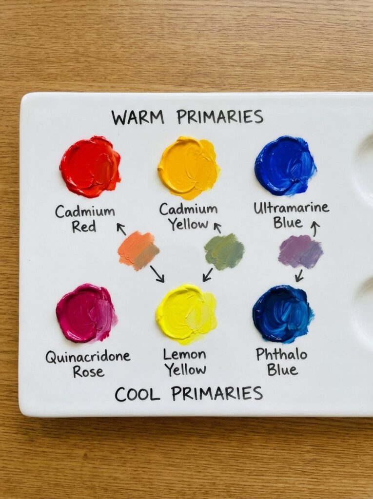Split-primary palette showing warm and cool versions of red, yellow, and blue with mixing examples demonstrating temperature effects on color mixing