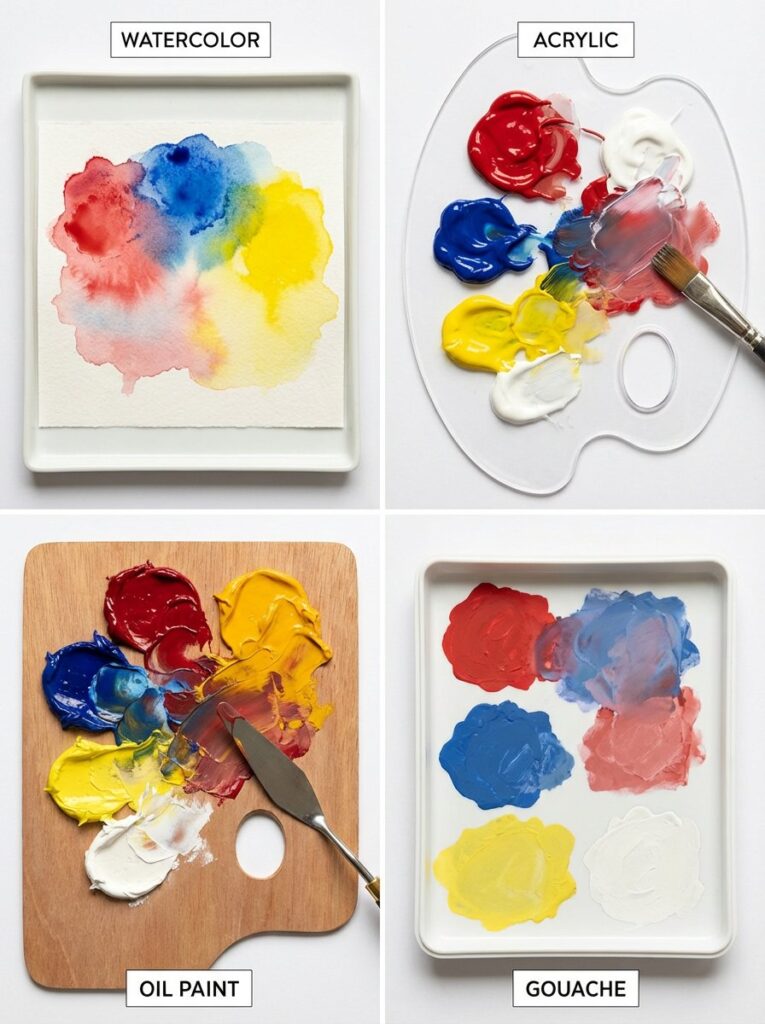 Medium-specific color mixing techniques showing differences between watercolor, acrylic, oil, and gouache mixing methods and appearance