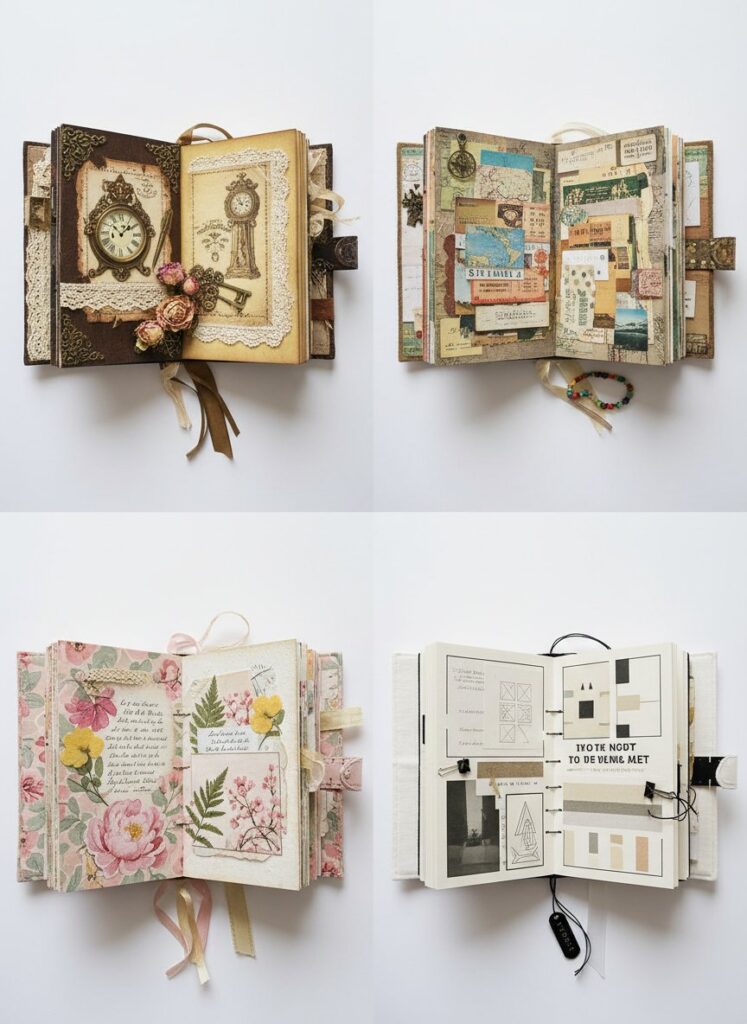 Themed junk journals collection showing travel, garden, recipe, and gratitude journals with characteristic materials and aesthetics