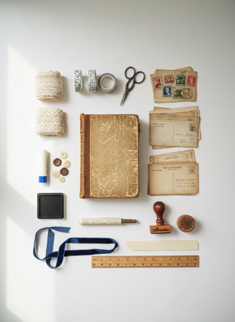 Junk journaling supplies flat lay showing vintage papers, old book, tools, adhesives, and embellishments for beginners