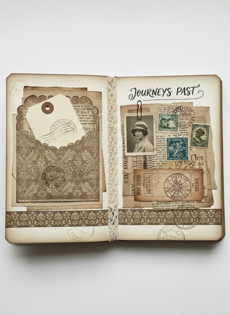 Decorated junk journal spread demonstrating layering, pockets, washi tape, stamps, collage, and lettering techniques