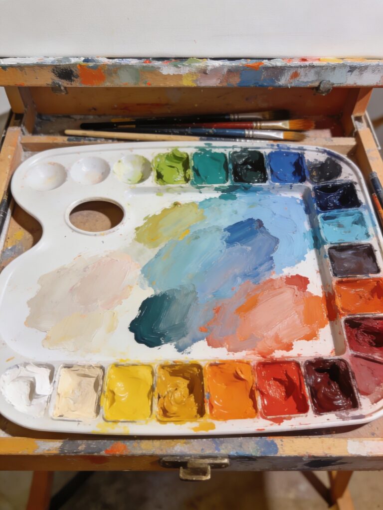 Art palette showing color mixing and paint organization for supplies glossary