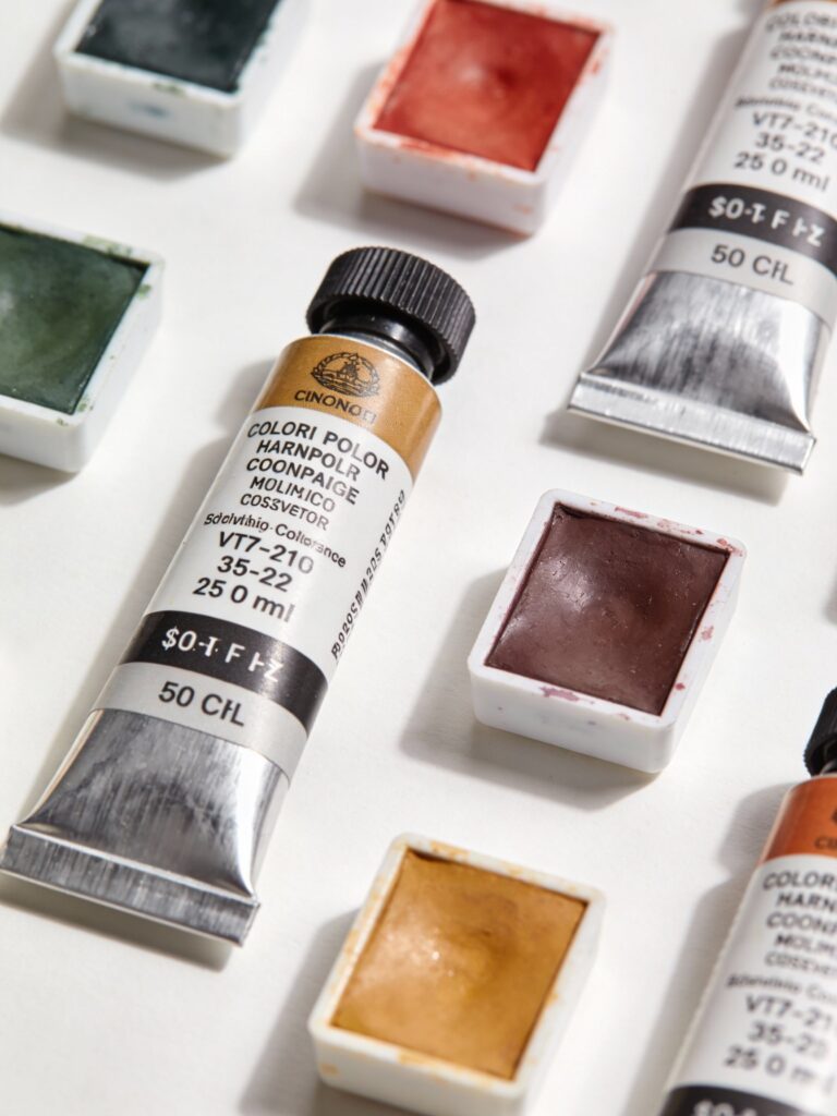 Artist grade watercolor paints showing pigment codes and quality labels for art supplies glossary