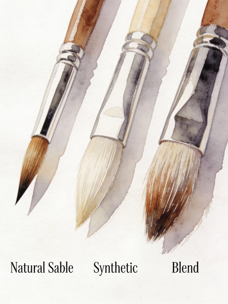 Brush hair type comparison showing natural sable, synthetic, and blend bristles for art supplies