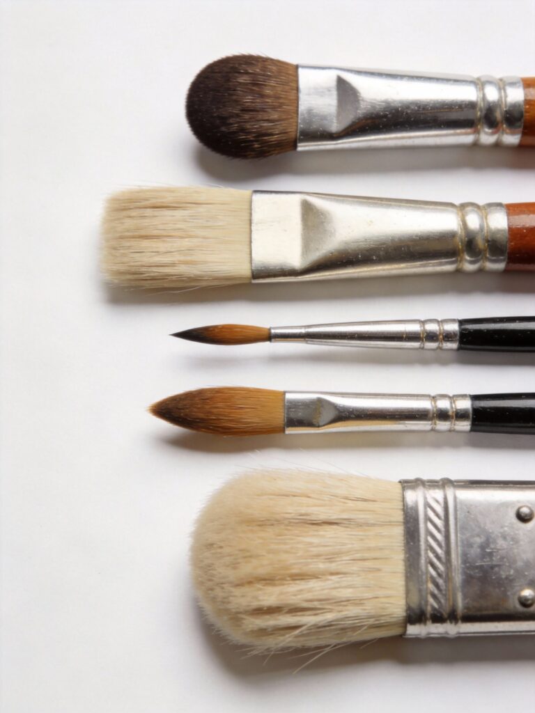 Different brush types and shapes arranged showing variety of art supply brushes