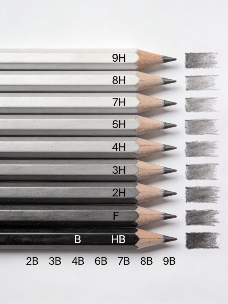 Complete range of graphite pencil grades from 9H to 9B with sample marks showing hardness differences