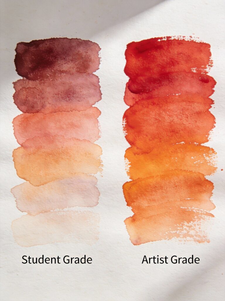 Student grade versus artist grade watercolor paint comparison showing color intensity differences