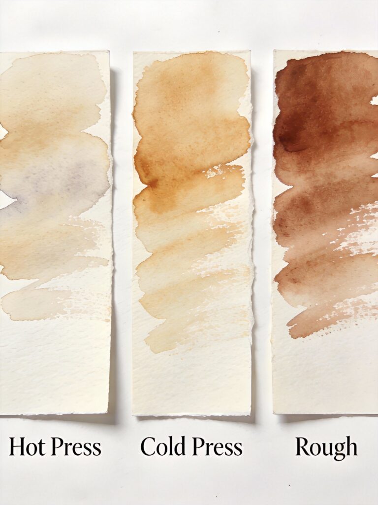Watercolor paper texture comparison showing hot press, cold press, and rough surfaces with paint