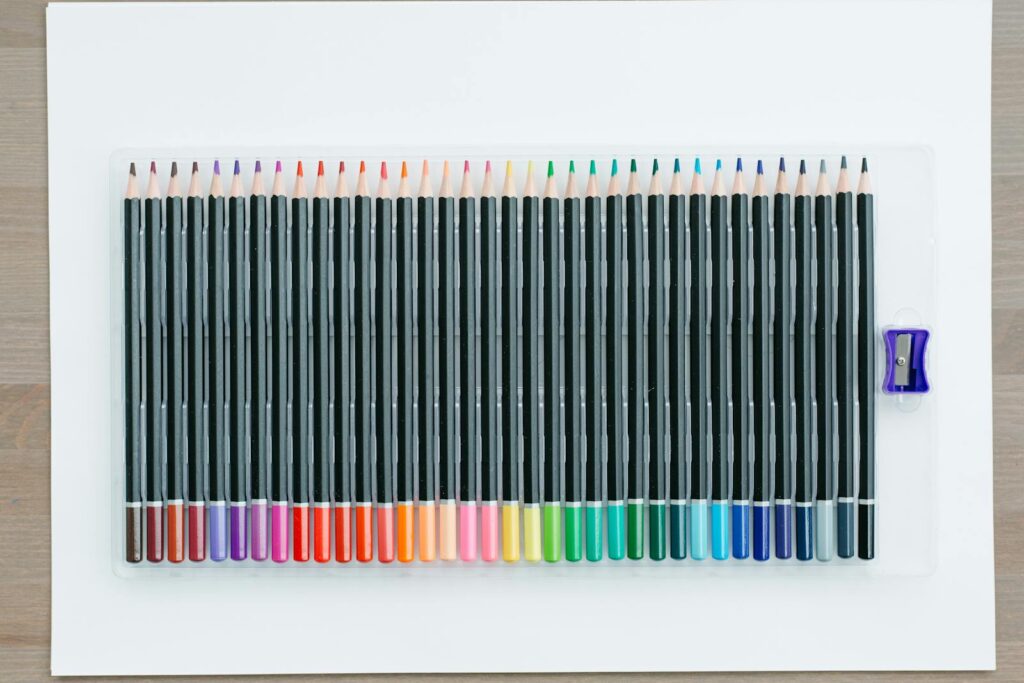 A set of multicolor pencils in a plastic case on a white surface, perfect for art supplies.