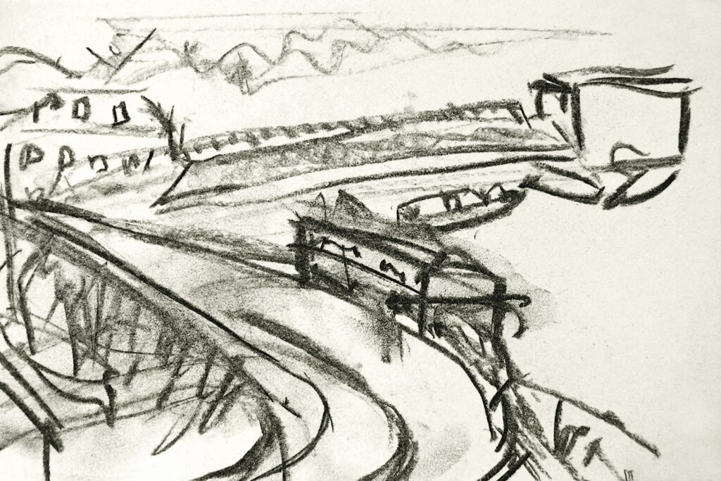 A charcoal sketch of a landscape.