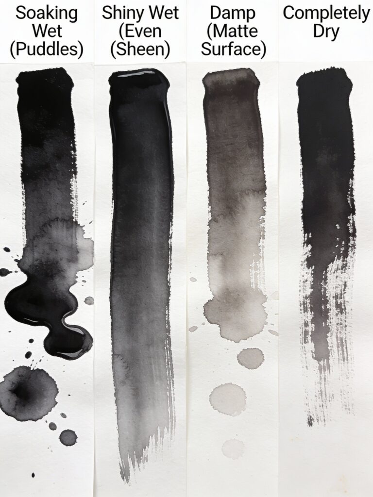 Four wetness levels comparison showing soaking wet, shiny wet, damp, and dry paper with paint behavior differences
