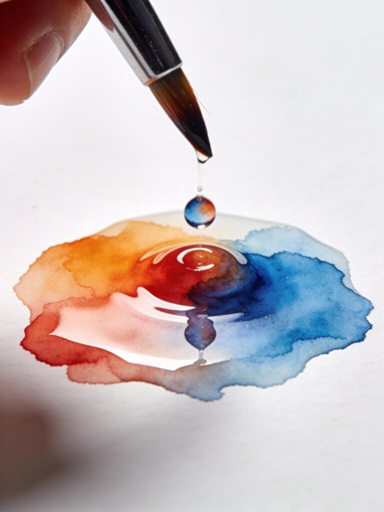 Second color dropping into wet watercolor wash showing natural blending between colors wet-on-wet