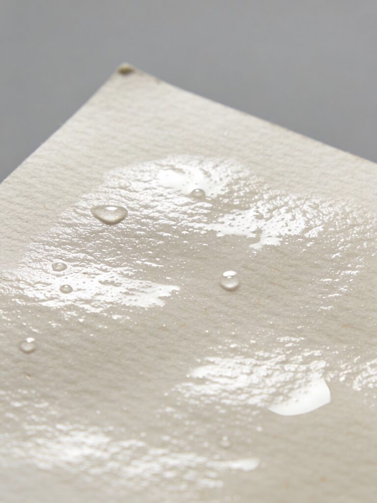 Watercolor paper at ideal shiny wet stage showing even sheen without puddles for wet-on-wet painting