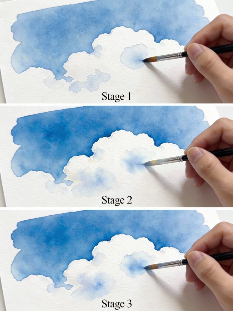 Wet-on-wet cloud technique demonstration showing progressive stages of creating soft clouds in watercolor sky
