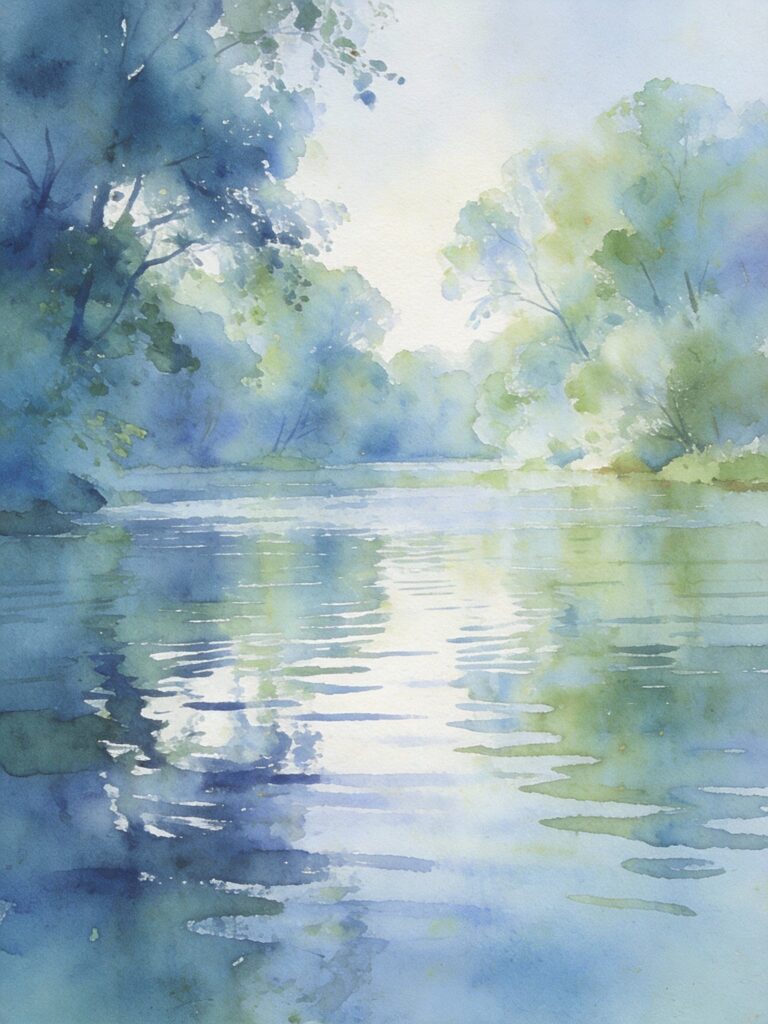 Wet-on-wet watercolor reflections showing soft diffused mirror effect in water