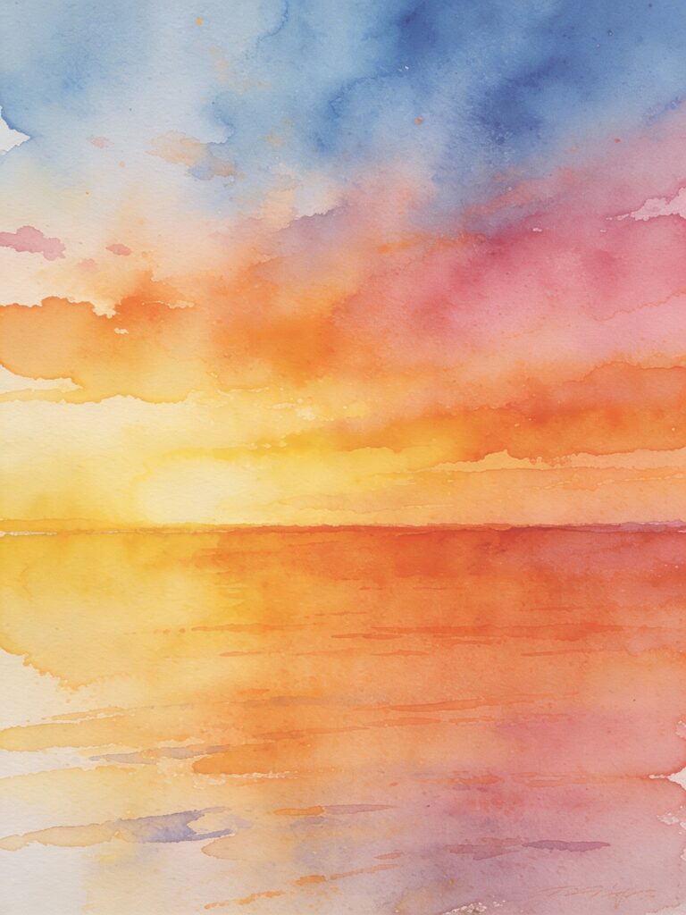 Wet-on-wet watercolor sunset showing smooth color gradients from yellow through orange to blue