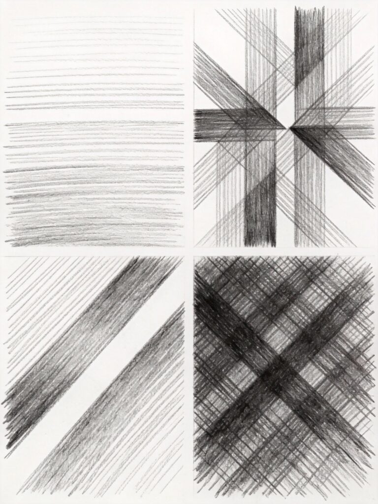 Cross-hatching technique showing layered parallel lines at different angles building up dark values for three-dimensional shading