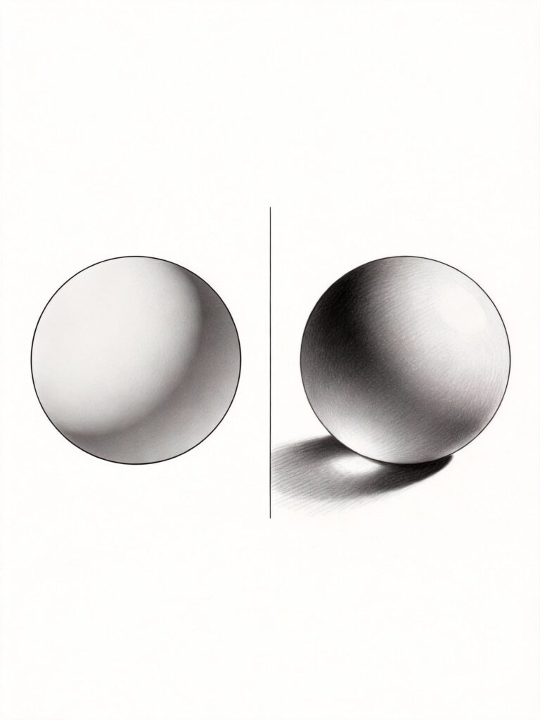 Before and after comparison of sphere showing flat shading versus dimensional shading with proper value range, reflected light, and gradation