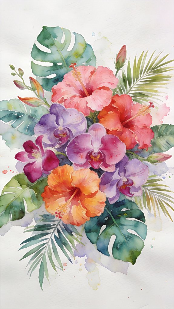 dynamic tropical watercolor bouquets