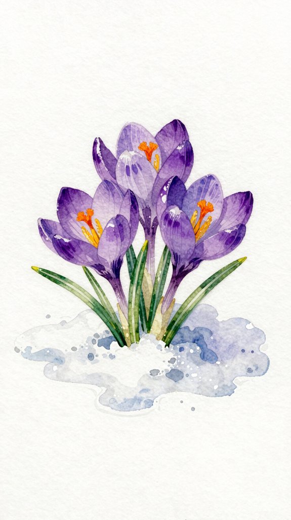 delicate lavender crocuses emerging from snow