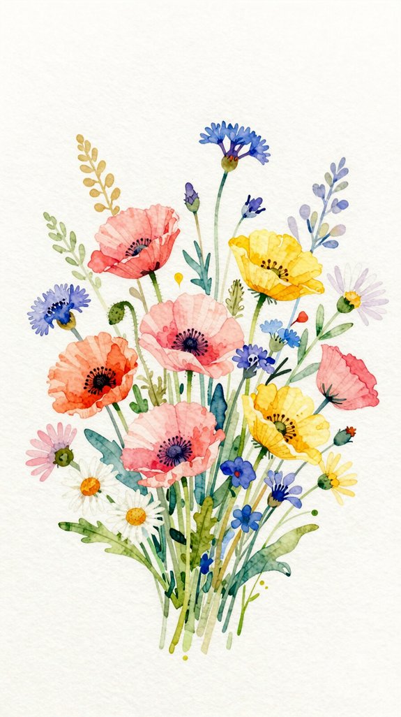 joyful flowing translucent spontaneous watercolor wildflowers