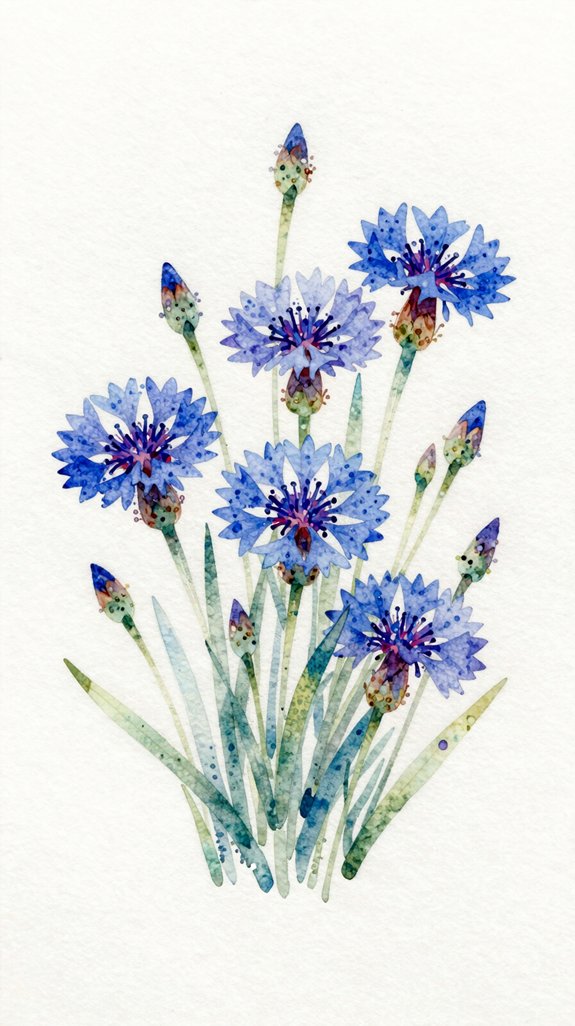 granulating pigments create textured cornflowers