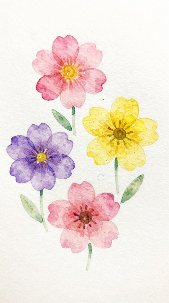 simple five petal watercolor blossoms practice