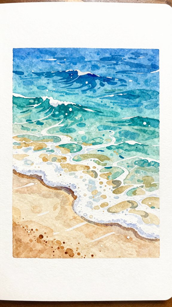 crashing waves sandy shore watercolor painting